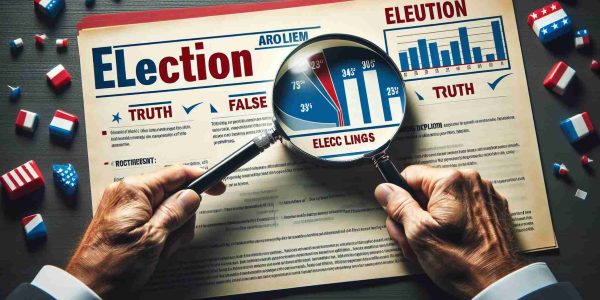 Create a detailed, high-definition image that symbolizes the process of debunking false claims about election manipulation. This could include a magnifying glass held over a document titled 'Election' with contrasting phrases such as 'Truth' and 'False Claims' on it. To symbolize the debunking, display a graph showing the comparison between truths and false claims. No individuals or politicians should be depicted in the image.