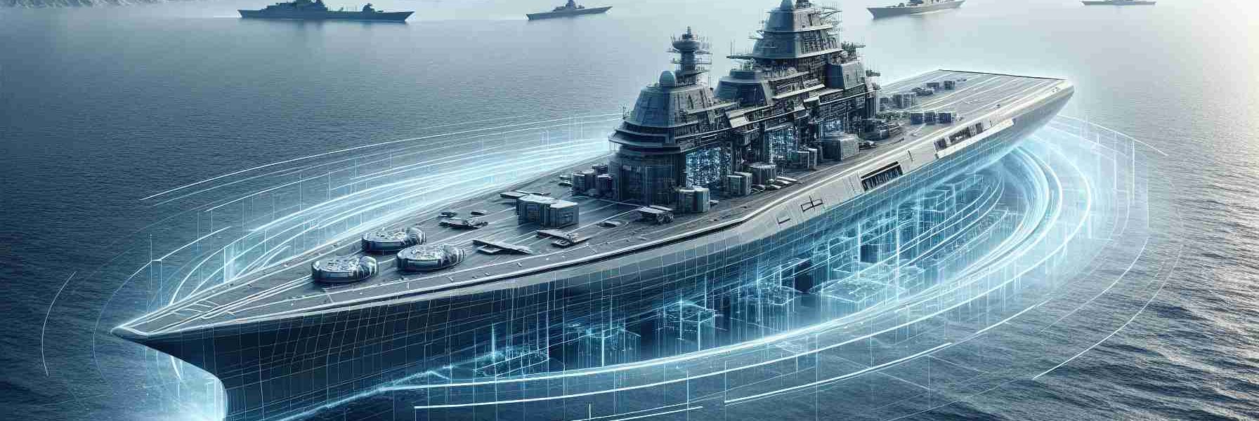 Detailed, high-definition depiction of a technologically advanced navy ship situated in vast oceanic scenery, which signifies the innovation in naval power. The ship features cutting-edge nuclear reactor technology, visible through cutaways in the design.