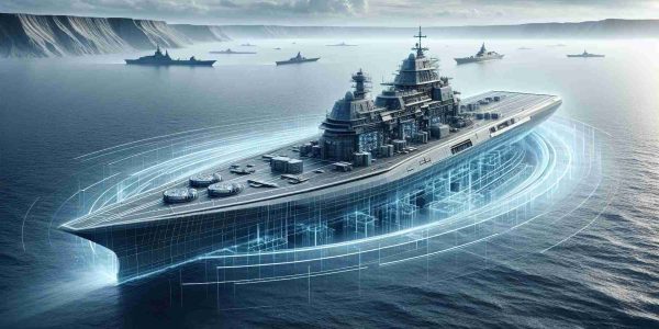 Detailed, high-definition depiction of a technologically advanced navy ship situated in vast oceanic scenery, which signifies the innovation in naval power. The ship features cutting-edge nuclear reactor technology, visible through cutaways in the design.