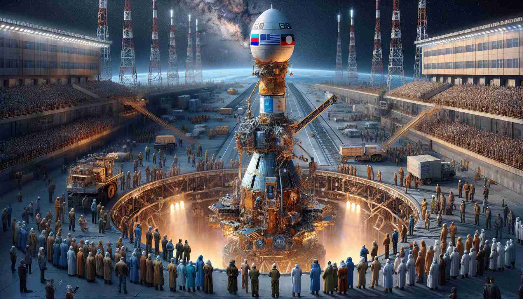 A detailed, high-definition image of a collaborative satellite launch. The image showcases ground crew members from diverse national backgrounds, including Middle-Eastern and Slavic, preparing the satellite for its journey. The satellite is nestled in the heart of a powerful rocket, eagerly awaiting its ascent into the starlit cosmos. A large screen in the background shows the countdown to launch, and observers watch from a safe distance in anticipation, capturing the spirit of global collaboration in space exploration.