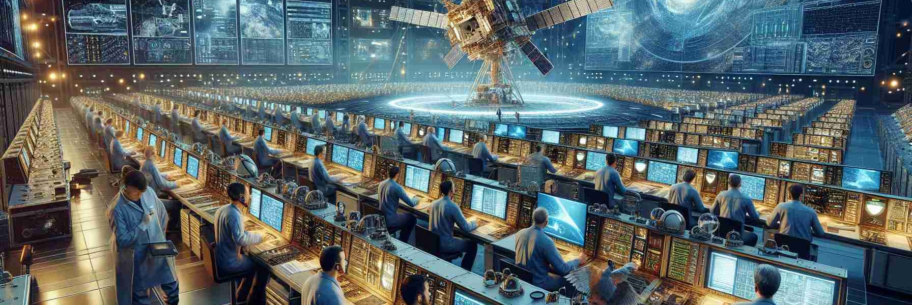 Detailed high-resolution image of a hypothetical satellite communication test conducted by a generic space exploration company. The scene includes technicians of various descents and genders working diligently at their stations, surrounded by advanced equipment, screens displaying complicated data, and a model of the satellite that is going to be used. The backdrop should visualize a command centre filled with cutting-edge technology. The atmosphere is infused with the revolutionary spirit of space exploration.