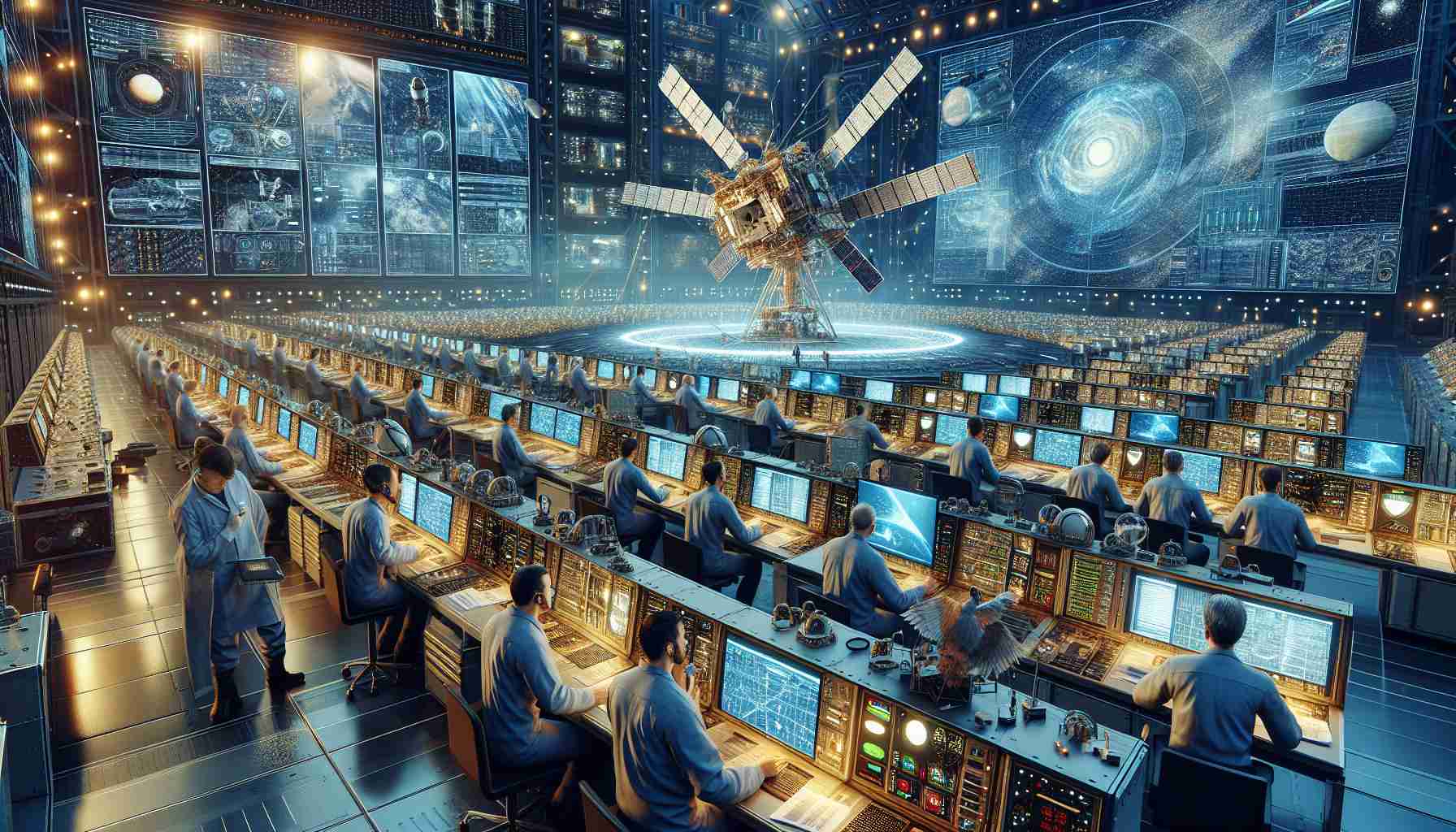 Detailed high-resolution image of a hypothetical satellite communication test conducted by a generic space exploration company. The scene includes technicians of various descents and genders working diligently at their stations, surrounded by advanced equipment, screens displaying complicated data, and a model of the satellite that is going to be used. The backdrop should visualize a command centre filled with cutting-edge technology. The atmosphere is infused with the revolutionary spirit of space exploration.