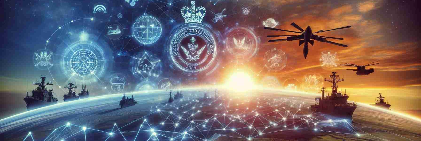 Realistic, high-definition image of the dawn of a new era in UK military communications, illustrating a conceptual representation of an international aerospace company's partnership with the Ministry of Defence. The image could include symbols such as radio waves, satellite images, and networking lines along with military insignia to signify the joint venture.