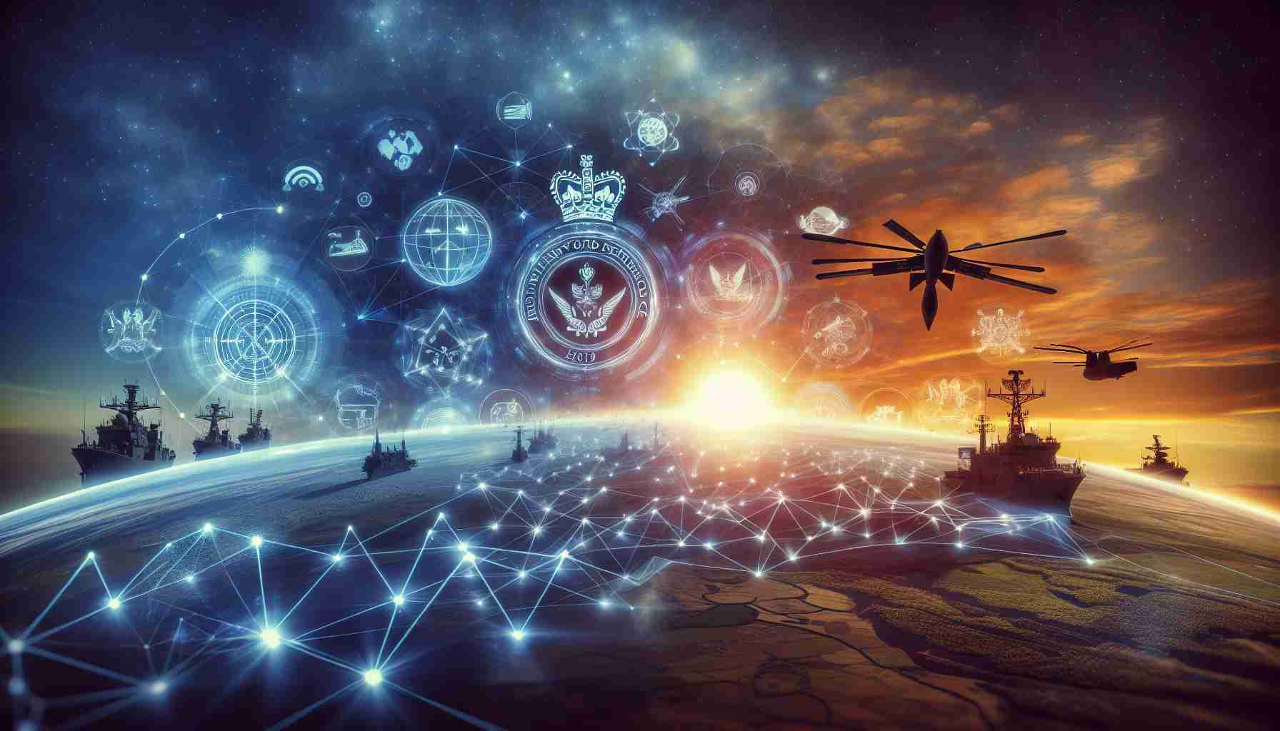 Realistic, high-definition image of the dawn of a new era in UK military communications, illustrating a conceptual representation of an international aerospace company's partnership with the Ministry of Defence. The image could include symbols such as radio waves, satellite images, and networking lines along with military insignia to signify the joint venture.