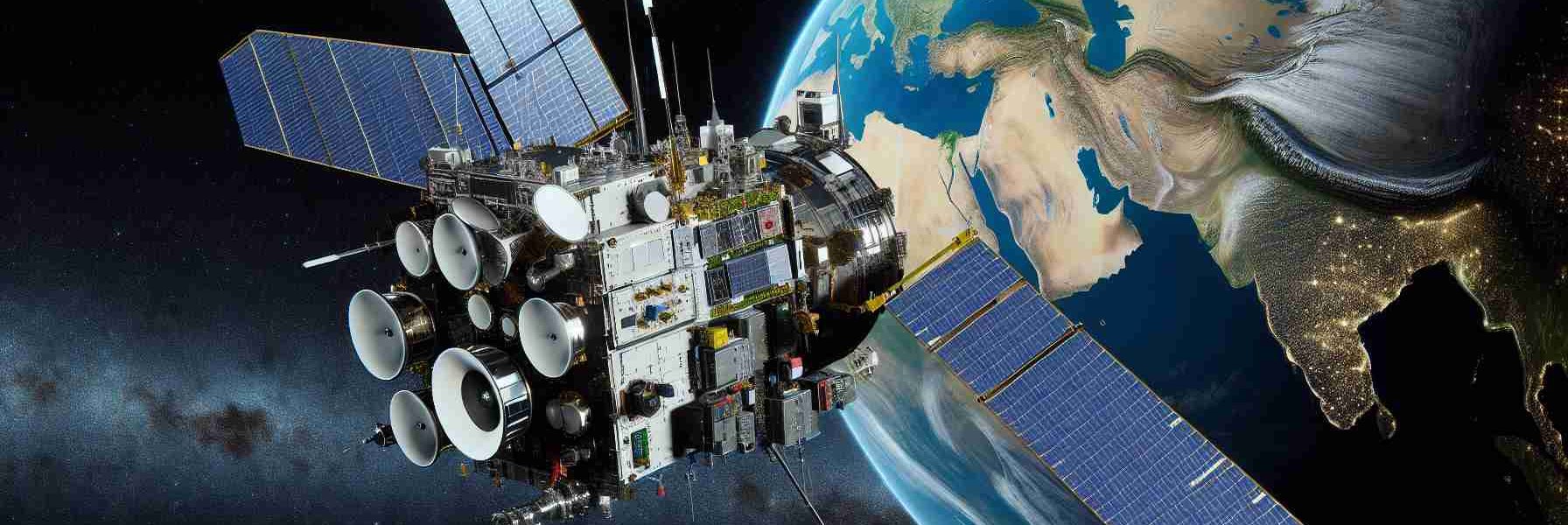 Generate an HD image showing a realistic rendering of an earth observation satellite. The satellite is equipped with various scientific instruments, such as radar antenna, spectral sensors and highend communication devices for data transmission. It should be in outer space, orbiting our blue planet, with the darkness of space and far-off stars in the background.