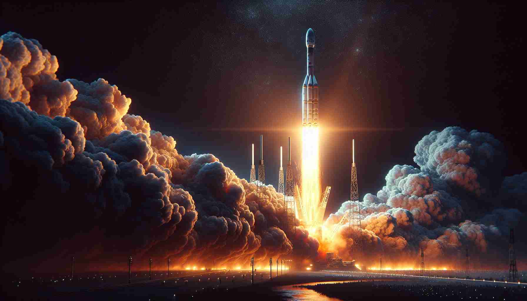 Detailed high-definition image of the successful launch of a GSAT-N2 satellite, a fictional satellite for this context, by a private space exploration company. The scene captures the intense bursts of flame erupting from the rocket engines against the night sky, illuminating the launch pad below. The smoky trail following the rocket is clearly visible as it ascends, while onlookers in the distant are shown marvelling at the spectacle.