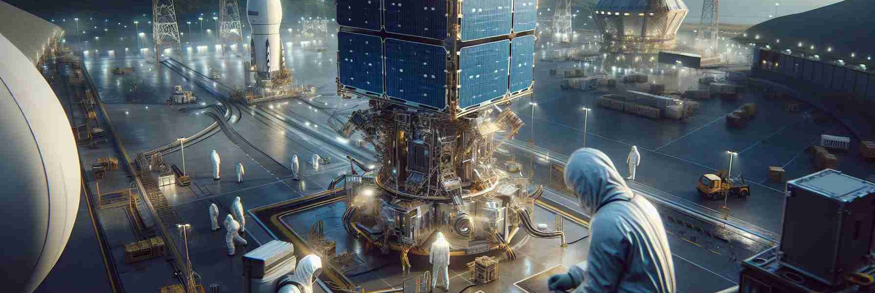 A hyper-realistic, high-definition image depicting the preparation activities for the launch of satellites by a fictitious company. The scene should include engineers in protective suits inspecting the satellite, with a backdrop of a sprawling spaceport. The focal point of the image should be the satellite itself, designed for mobile network connectivity enhancement, which can be seen meticulously secured on the launchpad. Emphasize the intricate details of the satellite's construction, the overall hustle of the launch site, and the anticipation for the imminent launch.