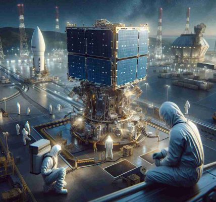 A hyper-realistic, high-definition image depicting the preparation activities for the launch of satellites by a fictitious company. The scene should include engineers in protective suits inspecting the satellite, with a backdrop of a sprawling spaceport. The focal point of the image should be the satellite itself, designed for mobile network connectivity enhancement, which can be seen meticulously secured on the launchpad. Emphasize the intricate details of the satellite's construction, the overall hustle of the launch site, and the anticipation for the imminent launch.