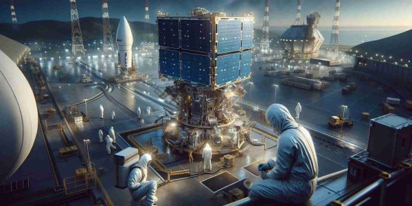 A hyper-realistic, high-definition image depicting the preparation activities for the launch of satellites by a fictitious company. The scene should include engineers in protective suits inspecting the satellite, with a backdrop of a sprawling spaceport. The focal point of the image should be the satellite itself, designed for mobile network connectivity enhancement, which can be seen meticulously secured on the launchpad. Emphasize the intricate details of the satellite's construction, the overall hustle of the launch site, and the anticipation for the imminent launch.