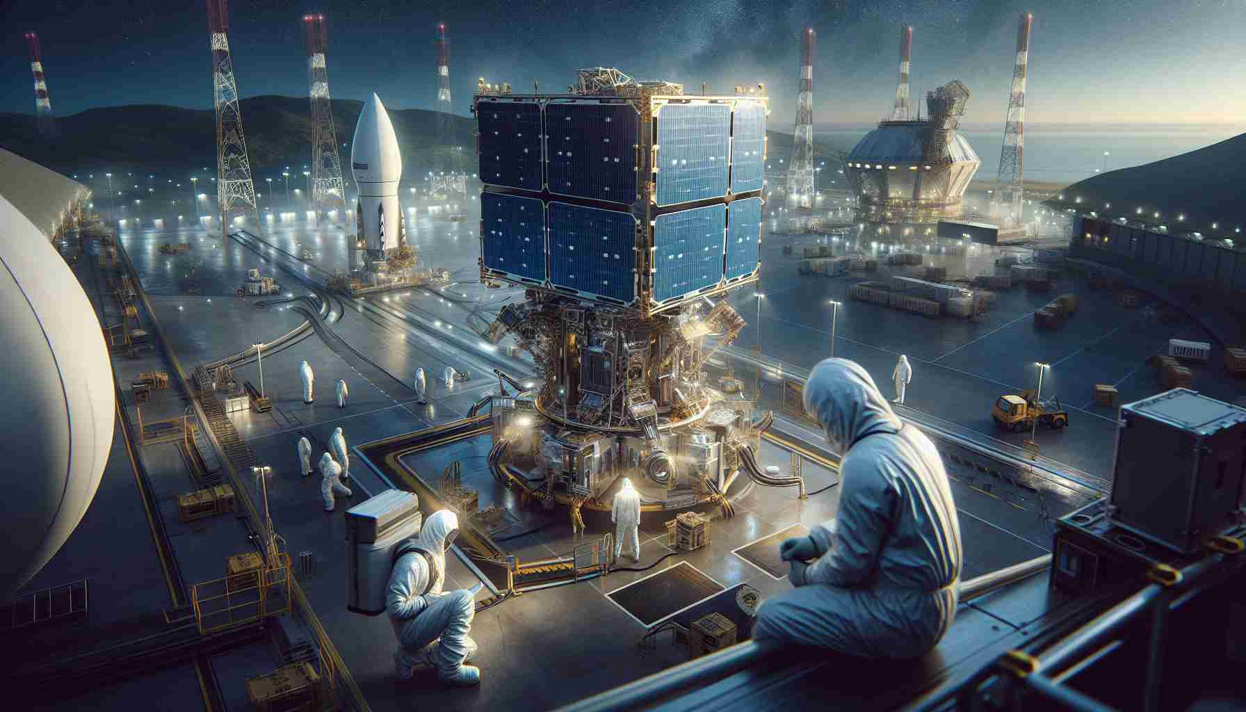 A hyper-realistic, high-definition image depicting the preparation activities for the launch of satellites by a fictitious company. The scene should include engineers in protective suits inspecting the satellite, with a backdrop of a sprawling spaceport. The focal point of the image should be the satellite itself, designed for mobile network connectivity enhancement, which can be seen meticulously secured on the launchpad. Emphasize the intricate details of the satellite's construction, the overall hustle of the launch site, and the anticipation for the imminent launch.