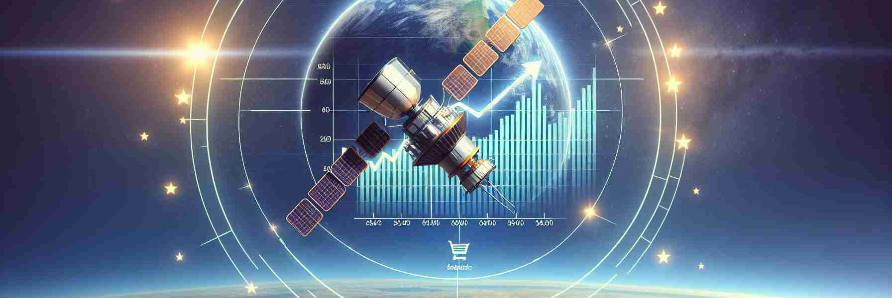 Generate a high-definition, realistic image portraying the concept of positive shifts in customer engagement following funding milestones, represented symbolically. For instance, show a satellite (avoiding any specific branding) in the foreground with a graph charting an upward trend or positive shift, perhaps a line graph or a bar graph. The background could consist of a sky filled with stars indicating achievement and progress.