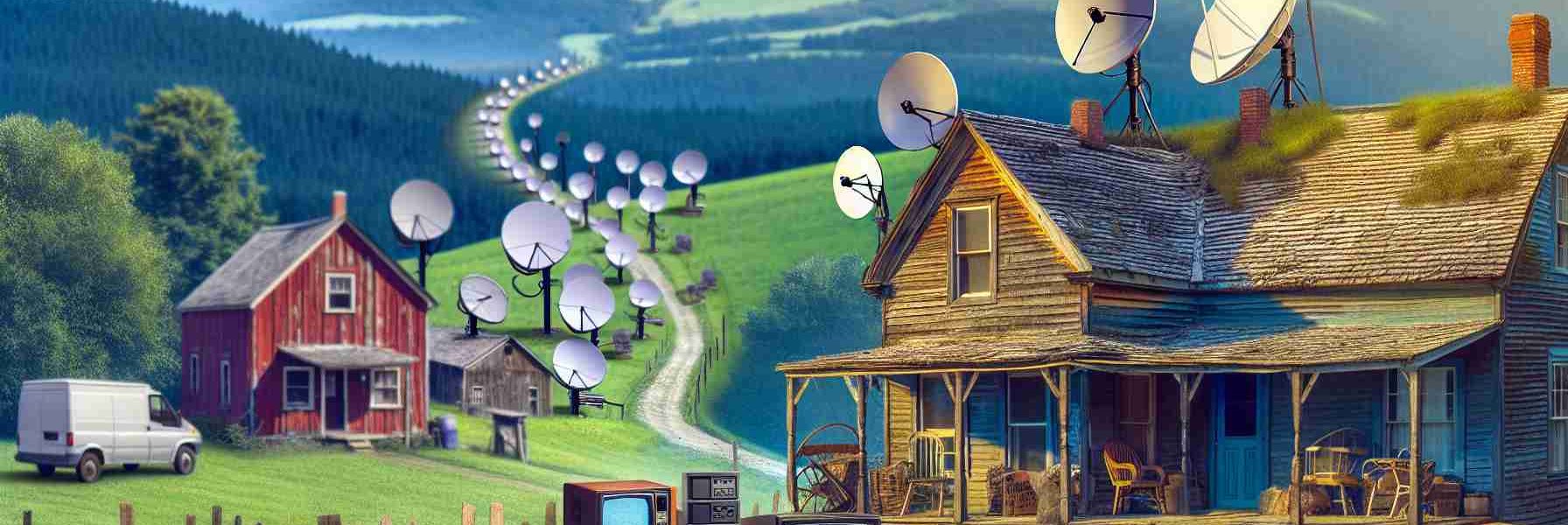 Create a realistic HD image that shows the evolution of internet services in the rural parts of West Virginia, highlighting a significant shift towards satellite services. The image should capture the transformation from traditional cabled connectivity to a dish-based setup in a rustic landscape. Some elements to include could be a quaint countryside home with a satellite dish installed on the roof, contrasted with a visual representation of old cables, modems or routers. The image should depict the progress in technology yet maintain the untouched charm of the rural locale.