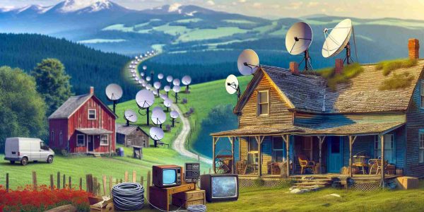 Create a realistic HD image that shows the evolution of internet services in the rural parts of West Virginia, highlighting a significant shift towards satellite services. The image should capture the transformation from traditional cabled connectivity to a dish-based setup in a rustic landscape. Some elements to include could be a quaint countryside home with a satellite dish installed on the roof, contrasted with a visual representation of old cables, modems or routers. The image should depict the progress in technology yet maintain the untouched charm of the rural locale.