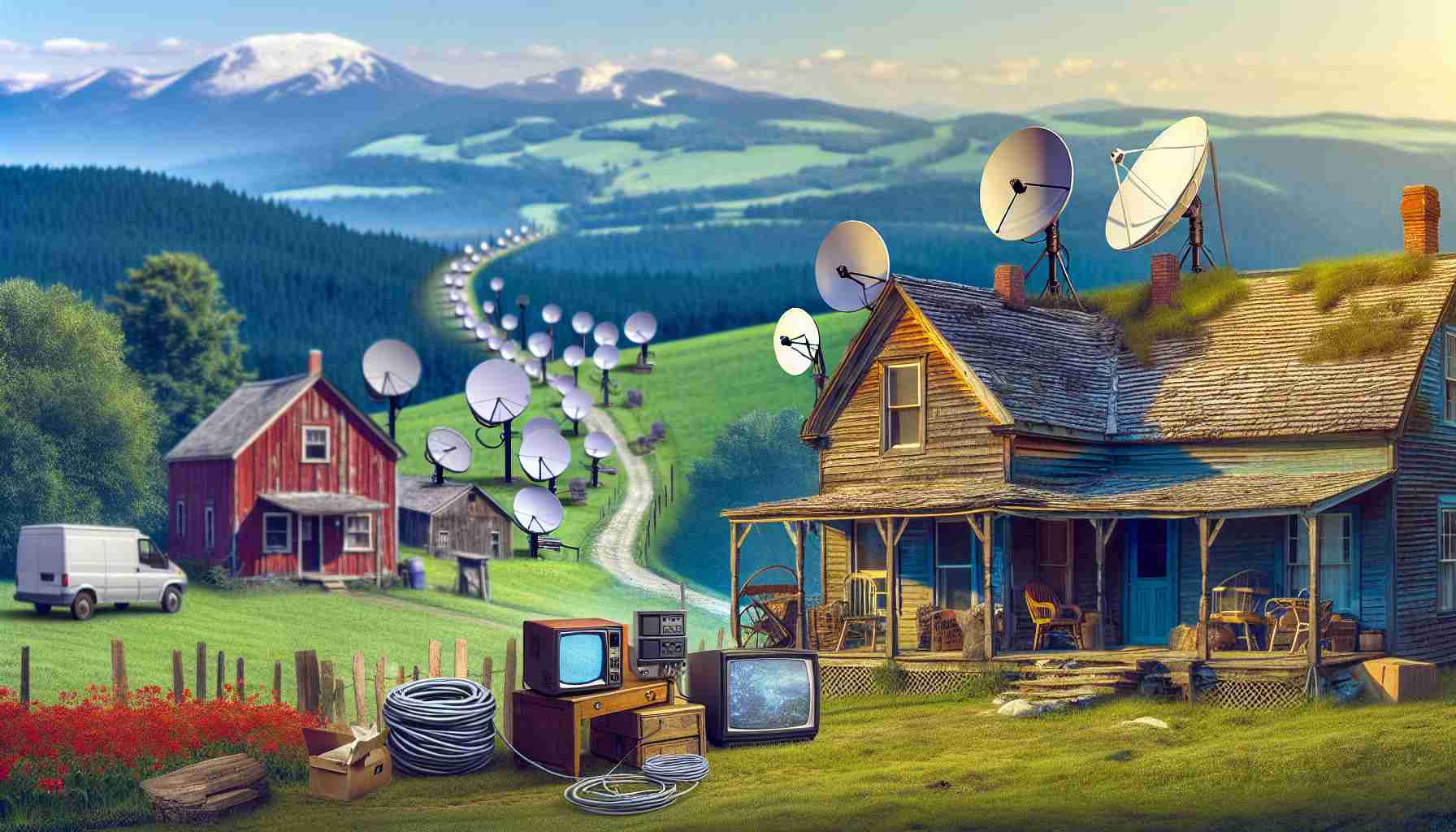 Create a realistic HD image that shows the evolution of internet services in the rural parts of West Virginia, highlighting a significant shift towards satellite services. The image should capture the transformation from traditional cabled connectivity to a dish-based setup in a rustic landscape. Some elements to include could be a quaint countryside home with a satellite dish installed on the roof, contrasted with a visual representation of old cables, modems or routers. The image should depict the progress in technology yet maintain the untouched charm of the rural locale.