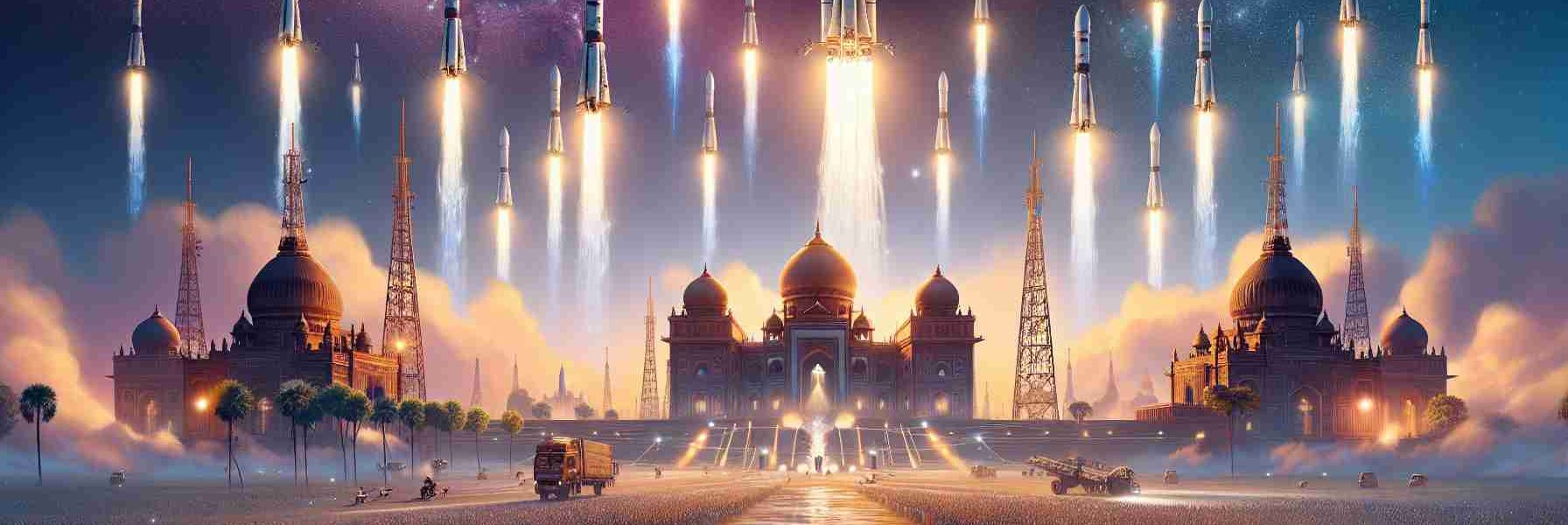 An high-definition illustration showing the anticipated launch of a generic large network of small satellites, similar to what one might envision for Starlink, in India. The scene sets at dusk with the staggering architecture of India, such as historical temples and modern skyscrapers, visible in the backdrop. The multicoloured sky is fading into night, and the array of small satellites are being launched into the sky, heading towards the stars. Locals, a diverse mix of Indian men and women, are watching this spectacular scene with amazement.