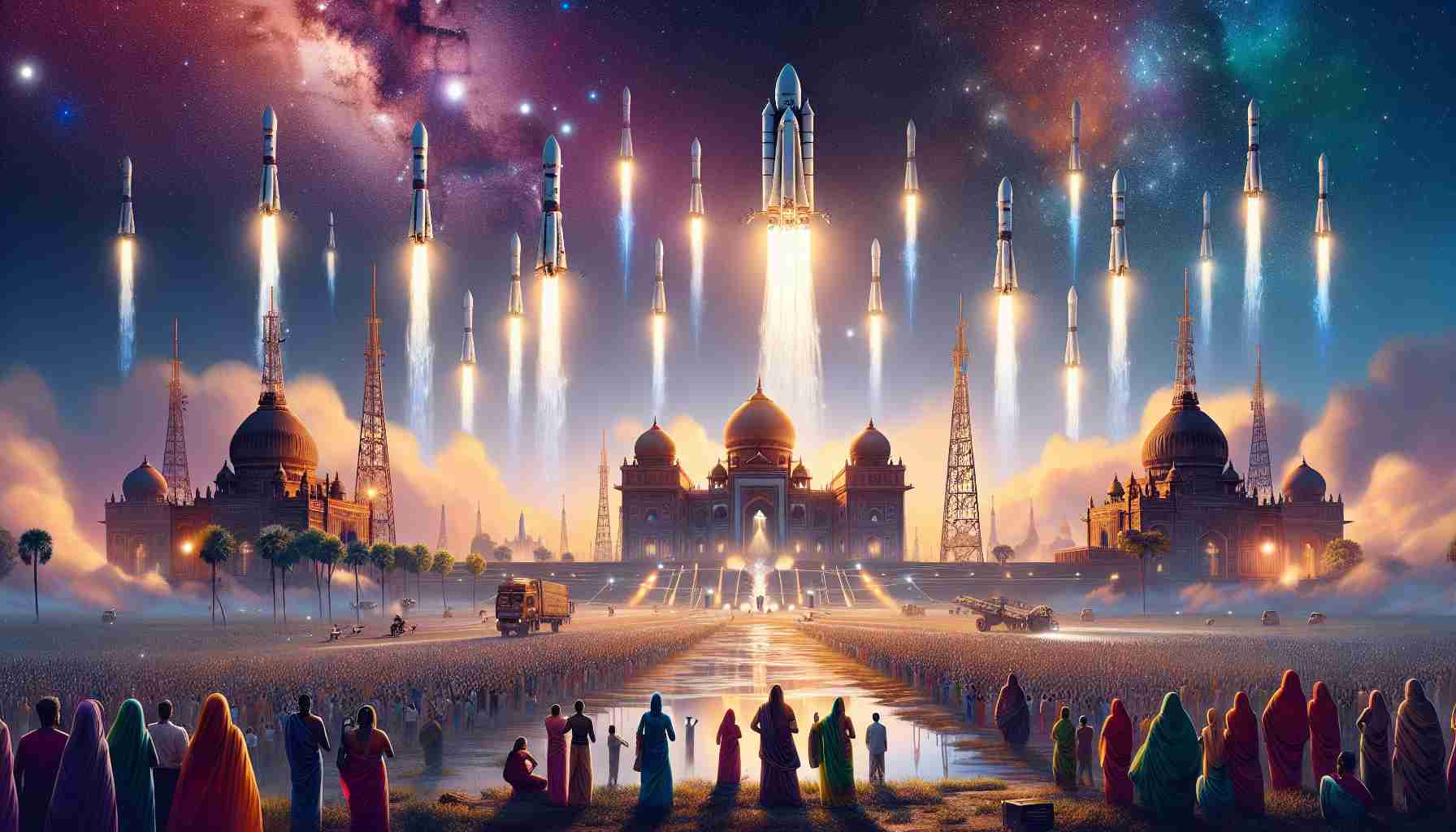 An high-definition illustration showing the anticipated launch of a generic large network of small satellites, similar to what one might envision for Starlink, in India. The scene sets at dusk with the staggering architecture of India, such as historical temples and modern skyscrapers, visible in the backdrop. The multicoloured sky is fading into night, and the array of small satellites are being launched into the sky, heading towards the stars. Locals, a diverse mix of Indian men and women, are watching this spectacular scene with amazement.