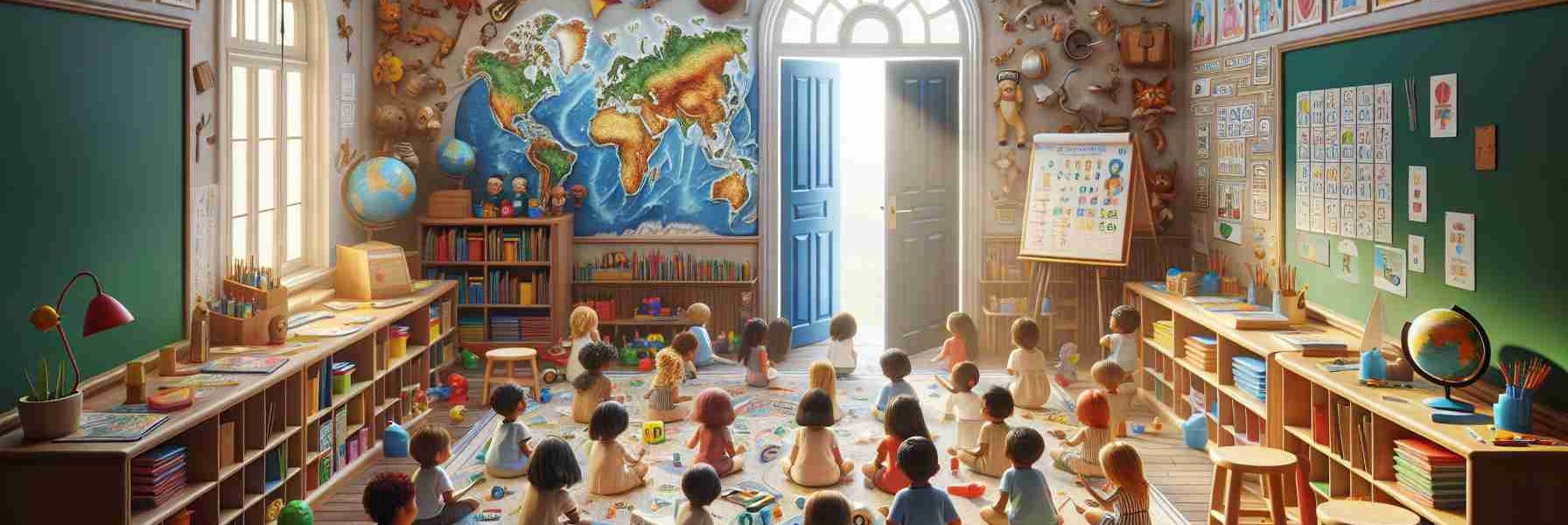 Highly detailed and realistic image of a setting that highlights the importance of early education. Visualise a serene classroom filled with engaging educational tools designed for young children. It could have kids of diverse ethnicities actively involved in learning activities under the guidance of a proficient and supportive teacher. Books, alphabets, numerals, colours, shapes, world map, global cultures and animal figures could be strewn around to depict the wide array of knowledge being shared. A mural on the wall could represent the power of education illuminating young minds, and the door opening to a bright future.