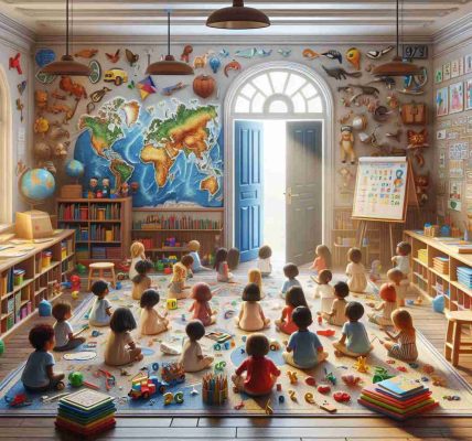 Highly detailed and realistic image of a setting that highlights the importance of early education. Visualise a serene classroom filled with engaging educational tools designed for young children. It could have kids of diverse ethnicities actively involved in learning activities under the guidance of a proficient and supportive teacher. Books, alphabets, numerals, colours, shapes, world map, global cultures and animal figures could be strewn around to depict the wide array of knowledge being shared. A mural on the wall could represent the power of education illuminating young minds, and the door opening to a bright future.