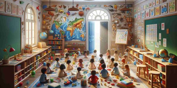 Highly detailed and realistic image of a setting that highlights the importance of early education. Visualise a serene classroom filled with engaging educational tools designed for young children. It could have kids of diverse ethnicities actively involved in learning activities under the guidance of a proficient and supportive teacher. Books, alphabets, numerals, colours, shapes, world map, global cultures and animal figures could be strewn around to depict the wide array of knowledge being shared. A mural on the wall could represent the power of education illuminating young minds, and the door opening to a bright future.