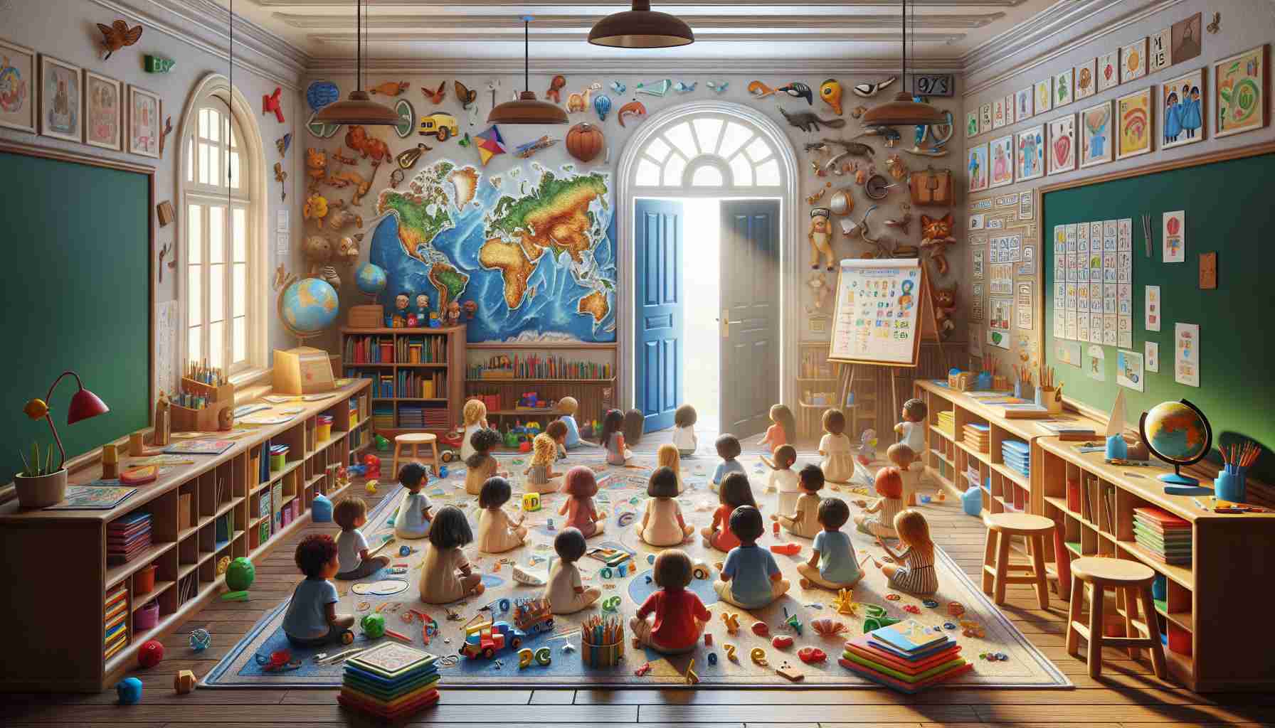 Highly detailed and realistic image of a setting that highlights the importance of early education. Visualise a serene classroom filled with engaging educational tools designed for young children. It could have kids of diverse ethnicities actively involved in learning activities under the guidance of a proficient and supportive teacher. Books, alphabets, numerals, colours, shapes, world map, global cultures and animal figures could be strewn around to depict the wide array of knowledge being shared. A mural on the wall could represent the power of education illuminating young minds, and the door opening to a bright future.