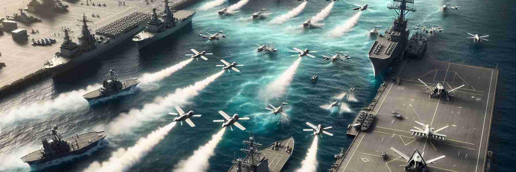 High-definition, realistic image displaying a fleet of unmarked, generic drones launching an offensive on a naval base situated at a coast. Military vessels are docked in the yard. The scenario should depict the historic magnitude of such an assault, with vivid details and elements like the rapid movement of the drones, defensive responses from the base, smoke trails, and unsettled waves in the encompassing sea.