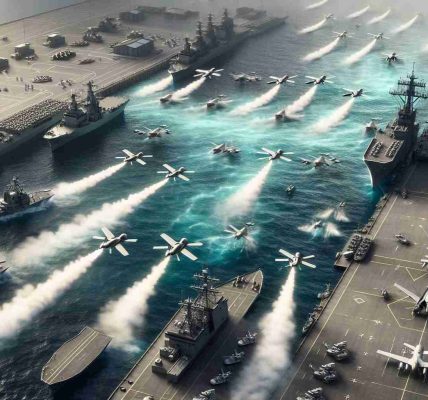 High-definition, realistic image displaying a fleet of unmarked, generic drones launching an offensive on a naval base situated at a coast. Military vessels are docked in the yard. The scenario should depict the historic magnitude of such an assault, with vivid details and elements like the rapid movement of the drones, defensive responses from the base, smoke trails, and unsettled waves in the encompassing sea.