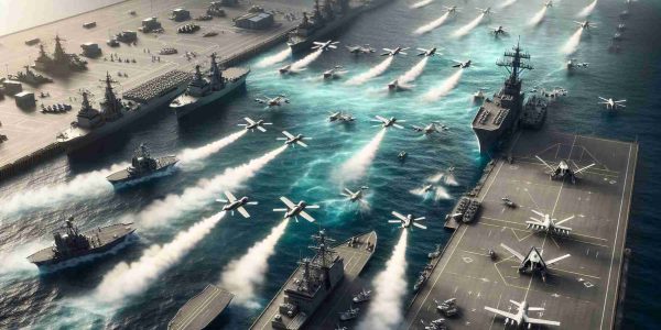 High-definition, realistic image displaying a fleet of unmarked, generic drones launching an offensive on a naval base situated at a coast. Military vessels are docked in the yard. The scenario should depict the historic magnitude of such an assault, with vivid details and elements like the rapid movement of the drones, defensive responses from the base, smoke trails, and unsettled waves in the encompassing sea.