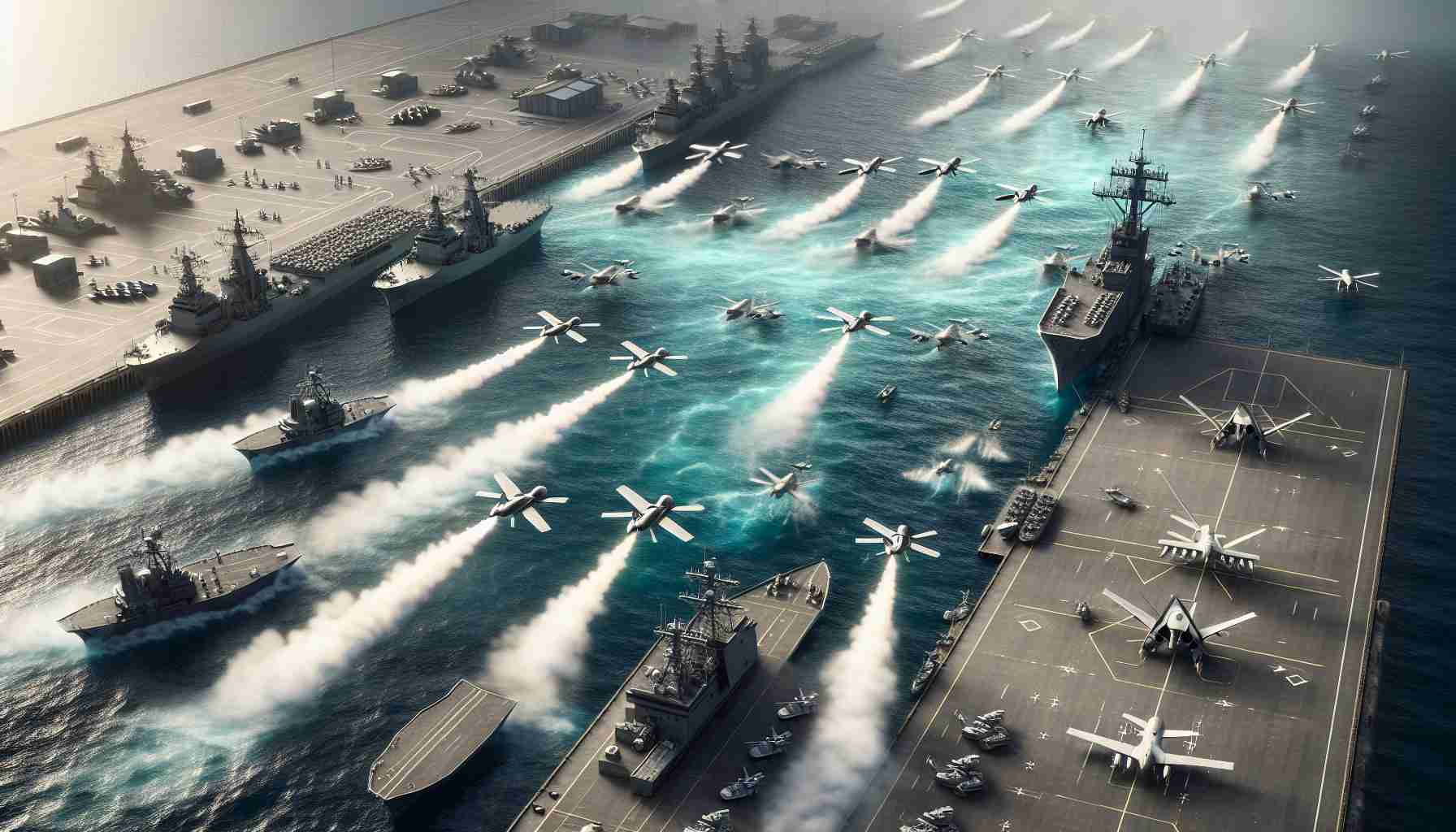 High-definition, realistic image displaying a fleet of unmarked, generic drones launching an offensive on a naval base situated at a coast. Military vessels are docked in the yard. The scenario should depict the historic magnitude of such an assault, with vivid details and elements like the rapid movement of the drones, defensive responses from the base, smoke trails, and unsettled waves in the encompassing sea.