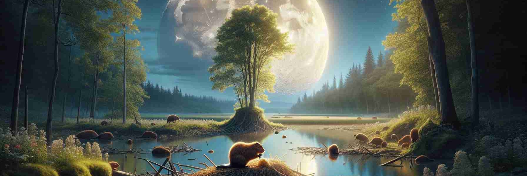 High-definition realistic image of a scene that depicts the beauty and ecological role of the Beaver Moon. During the nighttime, the Beaver Moon is at its glorious full phase, illuminating the landscape underneath. The scene below reflects how the animals and plants synchronise their cycles with the moon phases. In the foreground, a beaver is industriously constructing a dam under the soft glow of moonlight, creating a habitat for other species and transforming the waterway dynamics. The calm waters around the dam reflect the bright and serene Beaver Moon overhead. The surrounding flora and fauna also highlight the significant symbiosis between them, the beaver and the moon.