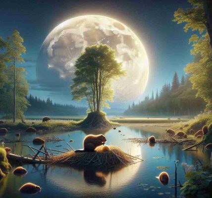 High-definition realistic image of a scene that depicts the beauty and ecological role of the Beaver Moon. During the nighttime, the Beaver Moon is at its glorious full phase, illuminating the landscape underneath. The scene below reflects how the animals and plants synchronise their cycles with the moon phases. In the foreground, a beaver is industriously constructing a dam under the soft glow of moonlight, creating a habitat for other species and transforming the waterway dynamics. The calm waters around the dam reflect the bright and serene Beaver Moon overhead. The surrounding flora and fauna also highlight the significant symbiosis between them, the beaver and the moon.