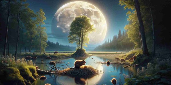 High-definition realistic image of a scene that depicts the beauty and ecological role of the Beaver Moon. During the nighttime, the Beaver Moon is at its glorious full phase, illuminating the landscape underneath. The scene below reflects how the animals and plants synchronise their cycles with the moon phases. In the foreground, a beaver is industriously constructing a dam under the soft glow of moonlight, creating a habitat for other species and transforming the waterway dynamics. The calm waters around the dam reflect the bright and serene Beaver Moon overhead. The surrounding flora and fauna also highlight the significant symbiosis between them, the beaver and the moon.