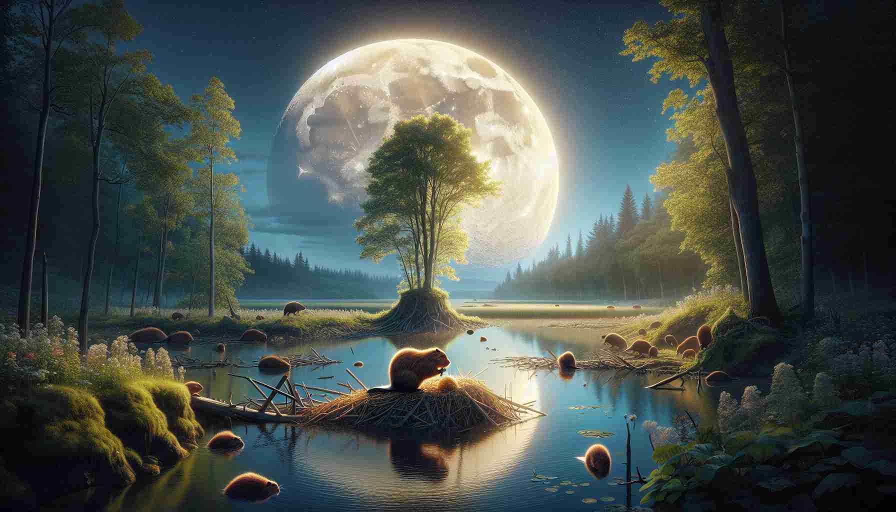 High-definition realistic image of a scene that depicts the beauty and ecological role of the Beaver Moon. During the nighttime, the Beaver Moon is at its glorious full phase, illuminating the landscape underneath. The scene below reflects how the animals and plants synchronise their cycles with the moon phases. In the foreground, a beaver is industriously constructing a dam under the soft glow of moonlight, creating a habitat for other species and transforming the waterway dynamics. The calm waters around the dam reflect the bright and serene Beaver Moon overhead. The surrounding flora and fauna also highlight the significant symbiosis between them, the beaver and the moon.