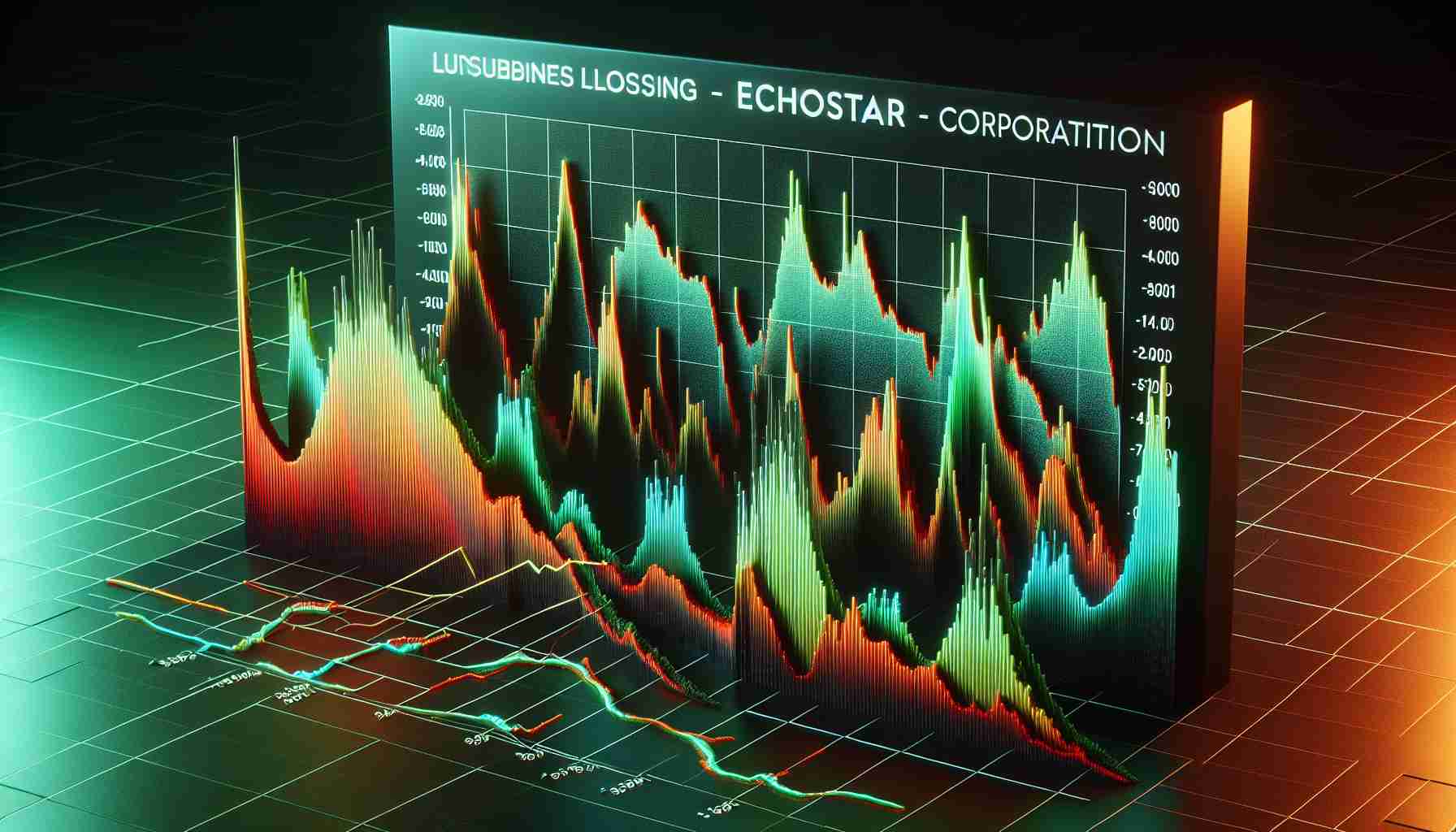 High definition, realistic image of a graph or chart depicting the EchoStar Corporation's quarterly loss amidst fluctuating subscriber numbers. The graph should show negative values indicating loss and fluctuations on the Y-axis, representing the changing numbers of subscribers over time on the X-axis. The color scheme should correspond to positive (green) and negative (red) changes.