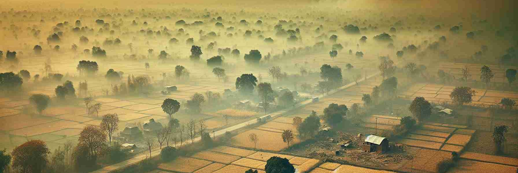 High-resolution photo realistically depicting an extreme air quality crisis impacting a region reminiscent of Northern India. A thick smog should fill the air, cutting visibility drastically and giving the atmosphere a dirty, yellowish hue. The scene should depict landscapes typically seen in Northern India, such as fields with scattered trees and small buildings. The whole scenario should convey a sense of alarm and urgency. Region-specific birds, possibly struggling with the conditions, can be scattered around to illustrate the effect on nature.