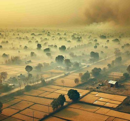 High-resolution photo realistically depicting an extreme air quality crisis impacting a region reminiscent of Northern India. A thick smog should fill the air, cutting visibility drastically and giving the atmosphere a dirty, yellowish hue. The scene should depict landscapes typically seen in Northern India, such as fields with scattered trees and small buildings. The whole scenario should convey a sense of alarm and urgency. Region-specific birds, possibly struggling with the conditions, can be scattered around to illustrate the effect on nature.