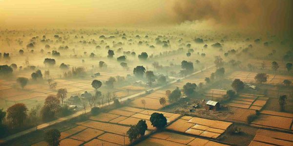 High-resolution photo realistically depicting an extreme air quality crisis impacting a region reminiscent of Northern India. A thick smog should fill the air, cutting visibility drastically and giving the atmosphere a dirty, yellowish hue. The scene should depict landscapes typically seen in Northern India, such as fields with scattered trees and small buildings. The whole scenario should convey a sense of alarm and urgency. Region-specific birds, possibly struggling with the conditions, can be scattered around to illustrate the effect on nature.