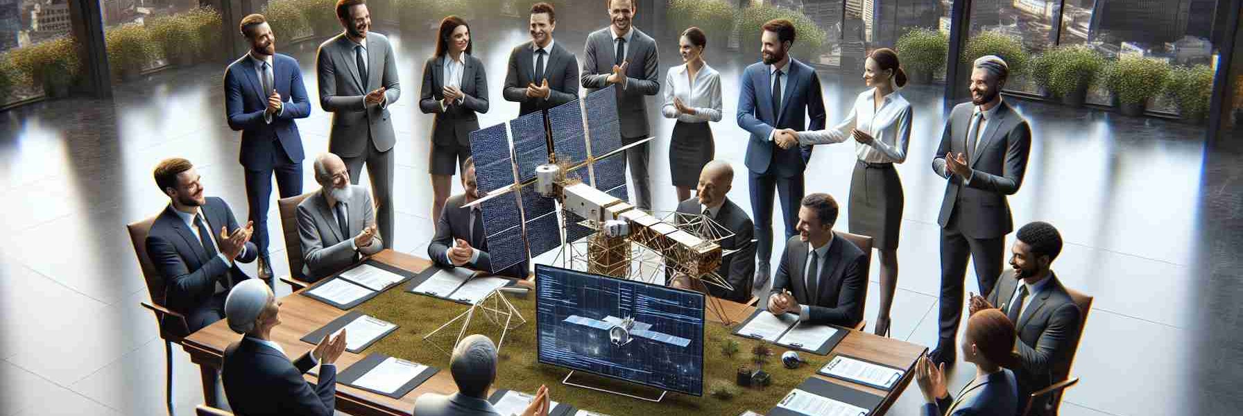 A high-definition, realistic image depicting the securing of funding for satellite servicing ventures. The scene includes a table where several people of varied descents and genders, dressed in professional attire, are positioned. They are shaking hands across the table, signifying the finalization of the funding agreement. On the table, there is a scale model of a satellite and documents representing the funding deal. The backdrop includes the interior of a well-lit, spacious office room with large windows overlooking a bustling cityscape. The expressions on the people's faces reflect relief, happiness, and anticipation of the venture's future.