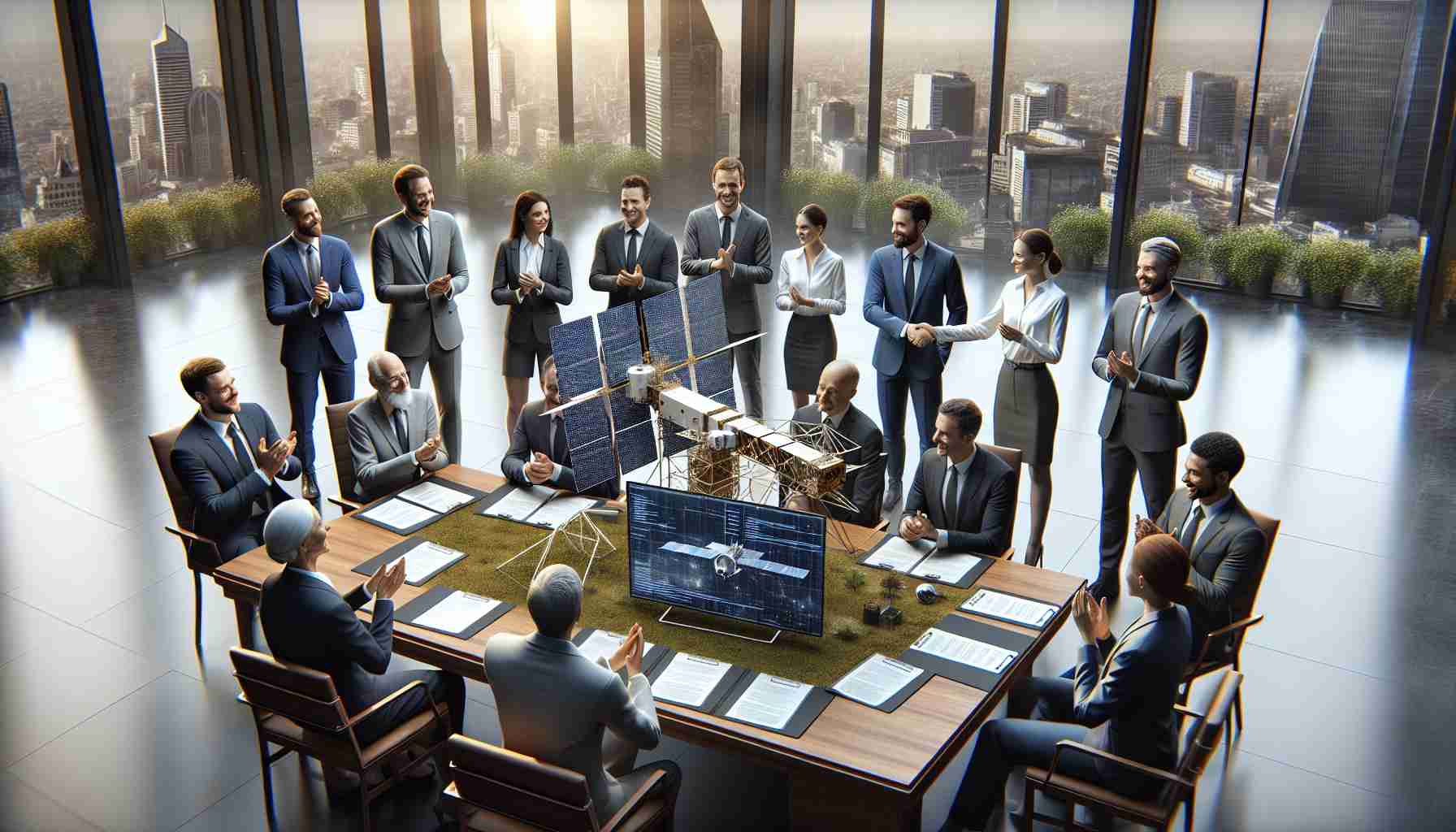 A high-definition, realistic image depicting the securing of funding for satellite servicing ventures. The scene includes a table where several people of varied descents and genders, dressed in professional attire, are positioned. They are shaking hands across the table, signifying the finalization of the funding agreement. On the table, there is a scale model of a satellite and documents representing the funding deal. The backdrop includes the interior of a well-lit, spacious office room with large windows overlooking a bustling cityscape. The expressions on the people's faces reflect relief, happiness, and anticipation of the venture's future.