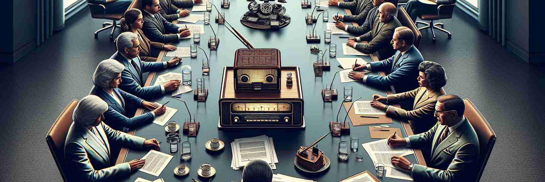 Detailed image showcasing a negotiation setting in high-definition realism. Include an array of different people from various descents and genders, focused and engaged around a large conference table. Visually represent the tension in the room with subtle signs like clasped hands, furrowed brows, and amassed documents. Symbolize the concept of broadcasting rights with a small antique radio on the table, among the other negotiation tools, to represent the essence of their discussions.