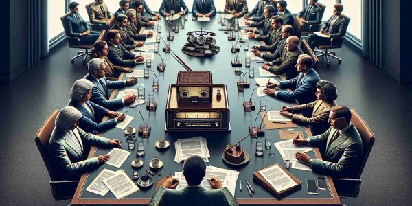 Detailed image showcasing a negotiation setting in high-definition realism. Include an array of different people from various descents and genders, focused and engaged around a large conference table. Visually represent the tension in the room with subtle signs like clasped hands, furrowed brows, and amassed documents. Symbolize the concept of broadcasting rights with a small antique radio on the table, among the other negotiation tools, to represent the essence of their discussions.