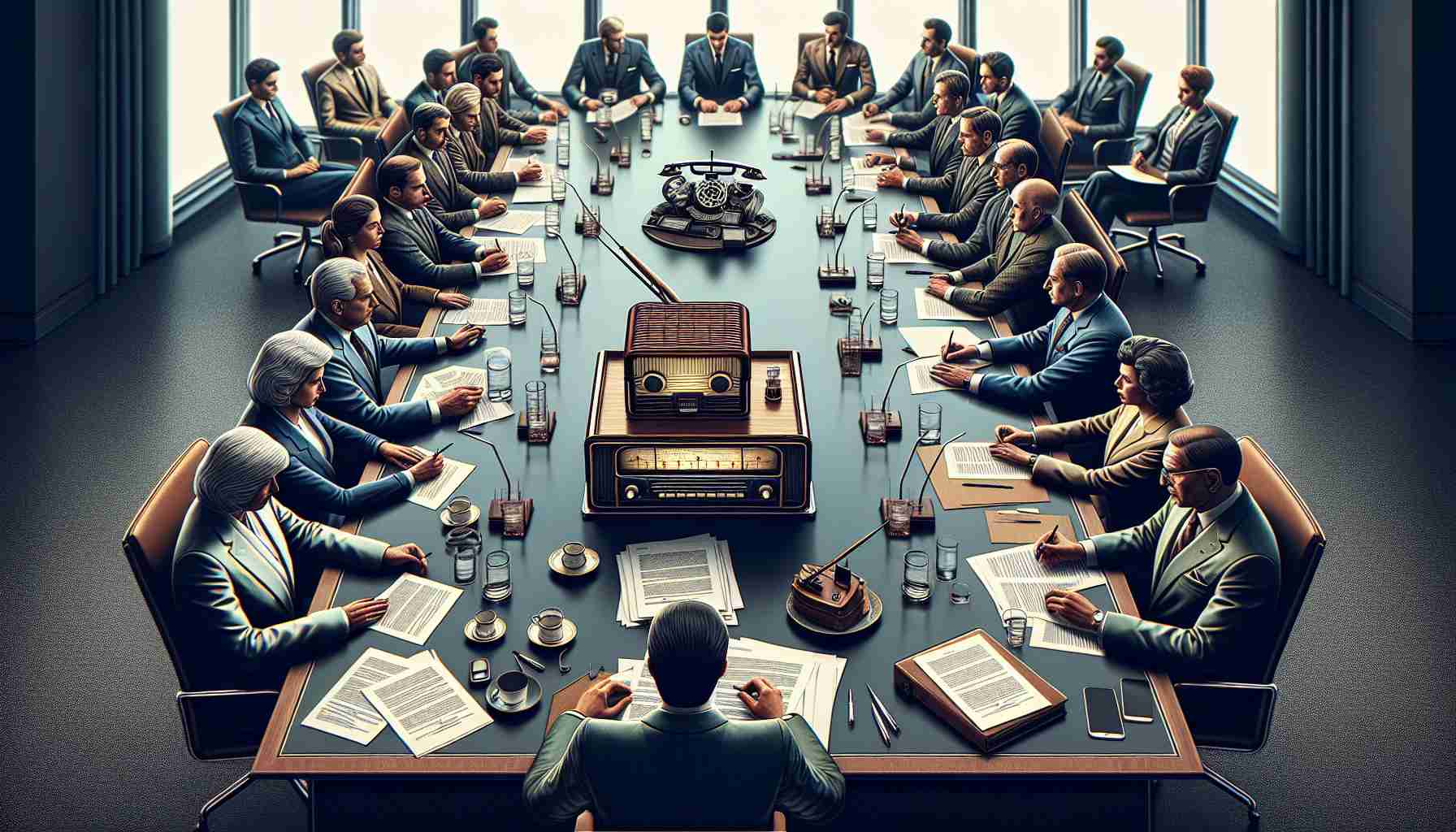 Detailed image showcasing a negotiation setting in high-definition realism. Include an array of different people from various descents and genders, focused and engaged around a large conference table. Visually represent the tension in the room with subtle signs like clasped hands, furrowed brows, and amassed documents. Symbolize the concept of broadcasting rights with a small antique radio on the table, among the other negotiation tools, to represent the essence of their discussions.