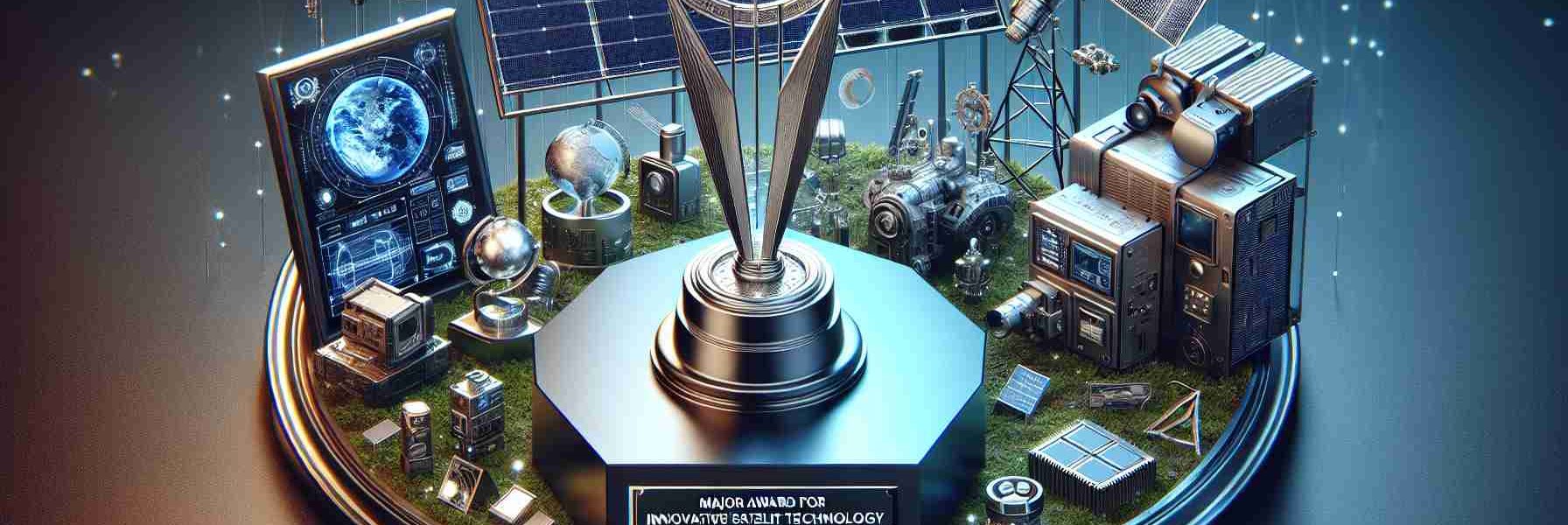 Generate a realistic, high-definition image of a significant award, inscribed with 'Major Award for Innovative Satellite Technology' and surrounded by advanced technological devices indicative of the MMRFIC technology.