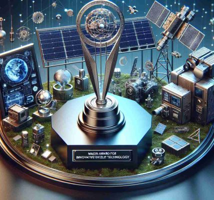 Generate a realistic, high-definition image of a significant award, inscribed with 'Major Award for Innovative Satellite Technology' and surrounded by advanced technological devices indicative of the MMRFIC technology.