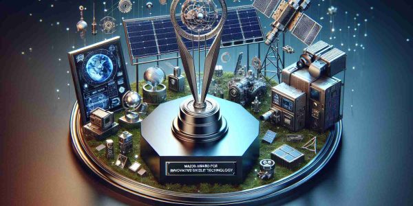 Generate a realistic, high-definition image of a significant award, inscribed with 'Major Award for Innovative Satellite Technology' and surrounded by advanced technological devices indicative of the MMRFIC technology.