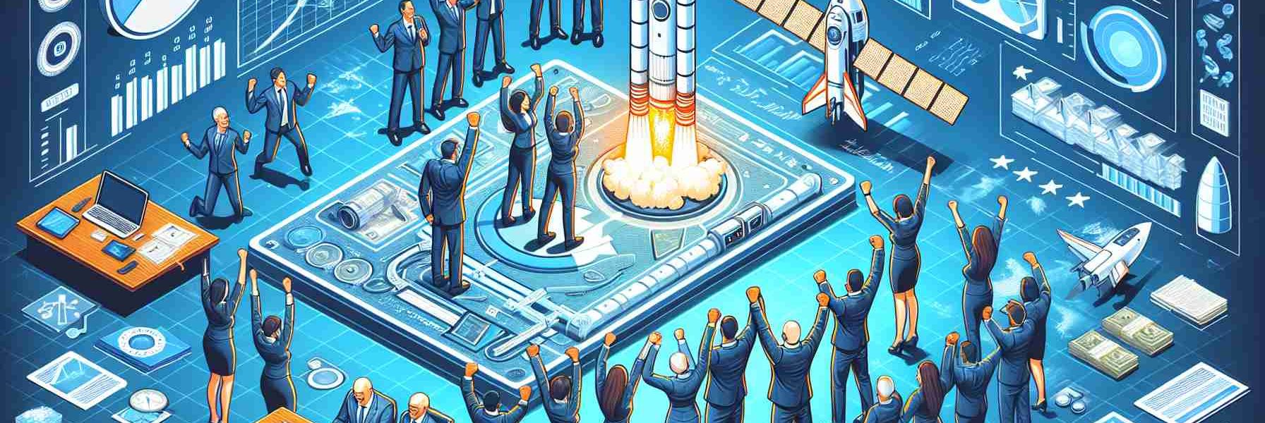 Generate a realistic high definition depiction of a celebration related to a satellite launch. The scene should include jubilant people involved in aerospace technology, wearing mission control attire and expressing their happiness, maybe through high-fives and cheering. Additionally, introduce elements demonstrating financial progress, such as graphs indicating positive financial growth, and paperwork symbolizing successful financial management.