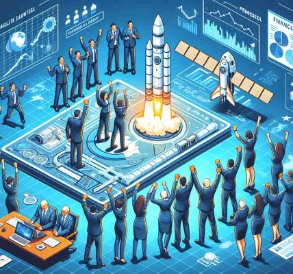 Generate a realistic high definition depiction of a celebration related to a satellite launch. The scene should include jubilant people involved in aerospace technology, wearing mission control attire and expressing their happiness, maybe through high-fives and cheering. Additionally, introduce elements demonstrating financial progress, such as graphs indicating positive financial growth, and paperwork symbolizing successful financial management.