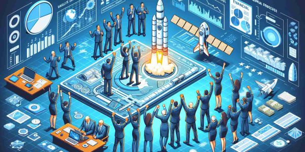 Generate a realistic high definition depiction of a celebration related to a satellite launch. The scene should include jubilant people involved in aerospace technology, wearing mission control attire and expressing their happiness, maybe through high-fives and cheering. Additionally, introduce elements demonstrating financial progress, such as graphs indicating positive financial growth, and paperwork symbolizing successful financial management.