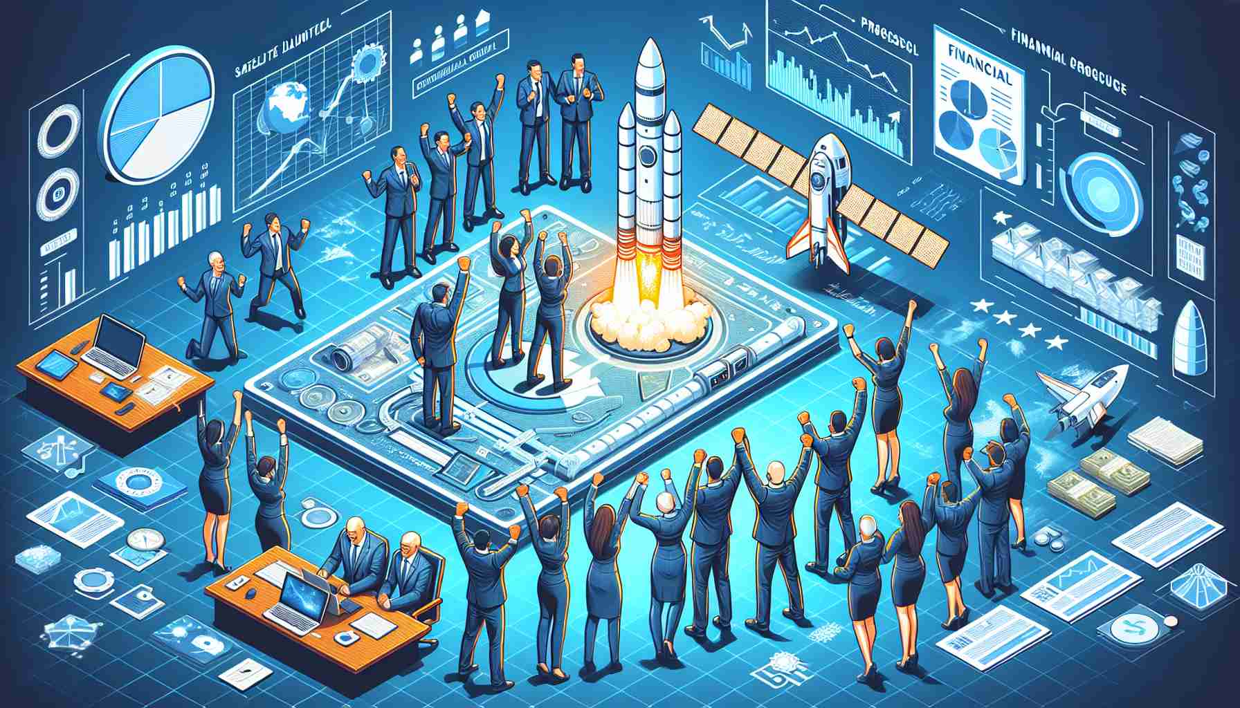 Generate a realistic high definition depiction of a celebration related to a satellite launch. The scene should include jubilant people involved in aerospace technology, wearing mission control attire and expressing their happiness, maybe through high-fives and cheering. Additionally, introduce elements demonstrating financial progress, such as graphs indicating positive financial growth, and paperwork symbolizing successful financial management.