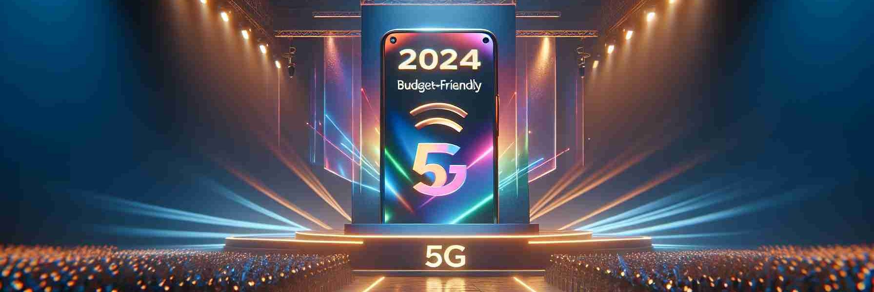 A hyper-realistic, high-definition image that shows the unveiling event of a budget-friendly 5G smartphone manufactured by an anonymous company in the year 2024. The phone has a sleek design, a large touch screen, and a 5G logo imprinted on it. The backdrop of the event is vibrantly lighted, with the text '2024 budget-friendly 5G smartphone launch' displayed prominently. The atmosphere is filled with excitement and anticipation.