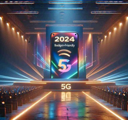 A hyper-realistic, high-definition image that shows the unveiling event of a budget-friendly 5G smartphone manufactured by an anonymous company in the year 2024. The phone has a sleek design, a large touch screen, and a 5G logo imprinted on it. The backdrop of the event is vibrantly lighted, with the text '2024 budget-friendly 5G smartphone launch' displayed prominently. The atmosphere is filled with excitement and anticipation.